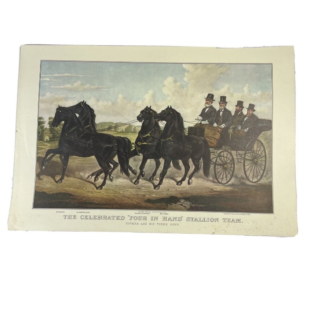 Travelers Calendar Page 16x11" Currier & Ives July 1958 Celebrated Four In Hand